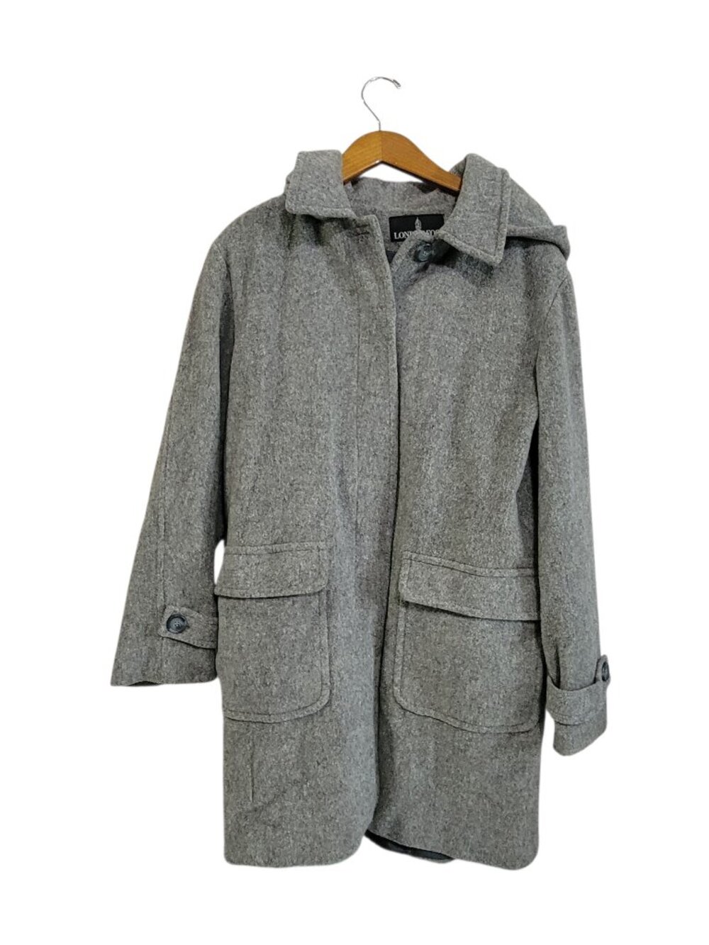 London Fog Wool Blend Hooded Overcoat Womens 12 Gray Lined Pockets Button Up